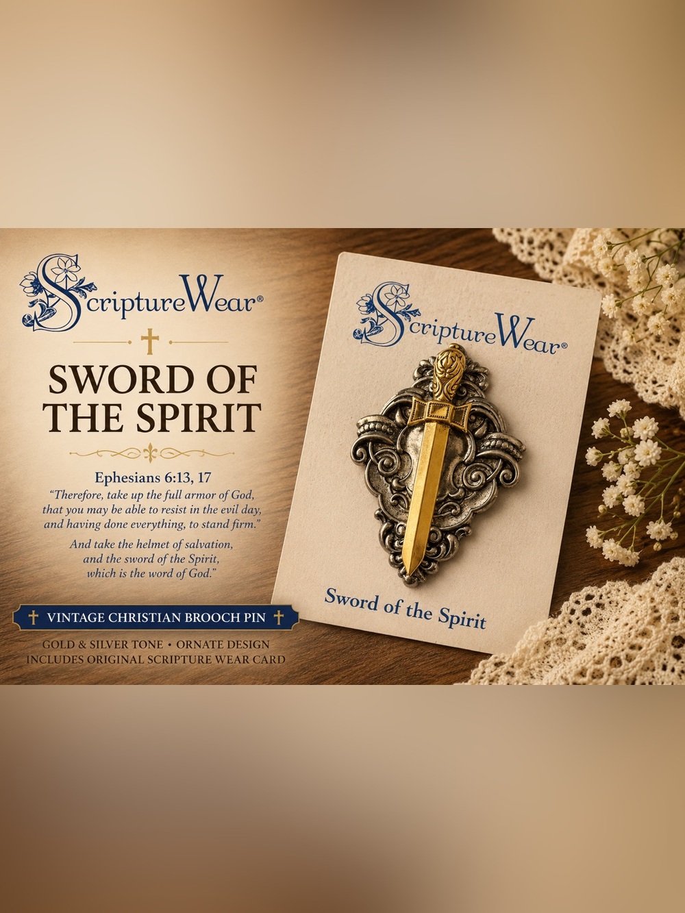 Scripture Wear “Sword of the Spirit” Christian Sword Brooch Pin & Original Card